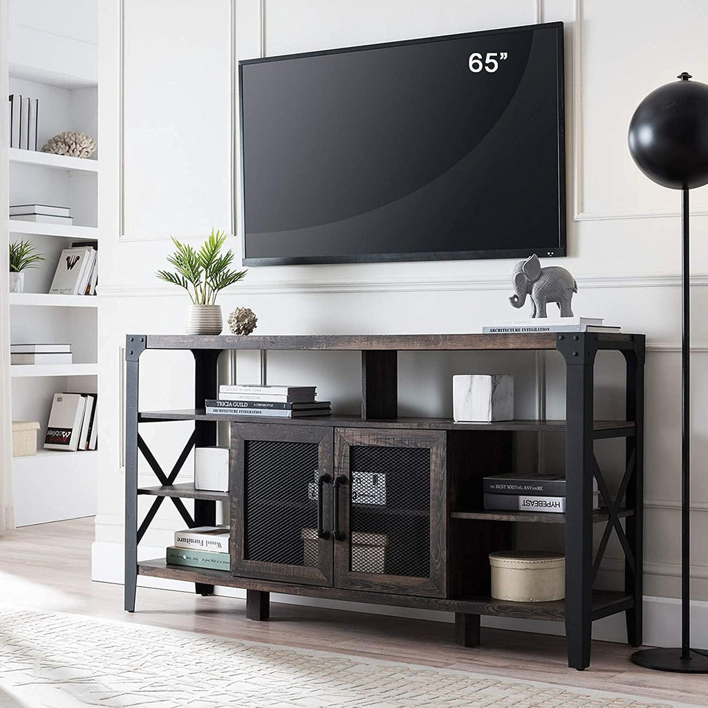 TV Stand Entertainment Center Media Console Cabinet Tall Wood Brown with Metal Side X-Frame W6802