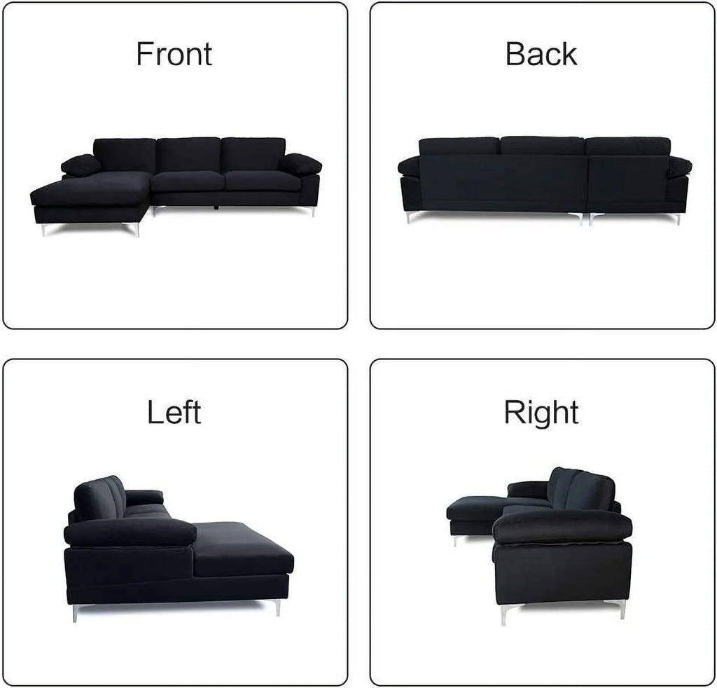Black Velvet L-Shaped Sectional Sofa with Metal Legs X779296