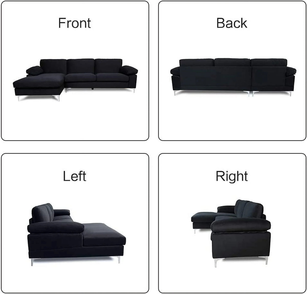 Black Velvet L-Shaped Sectional Sofa with Metal Legs X779296
