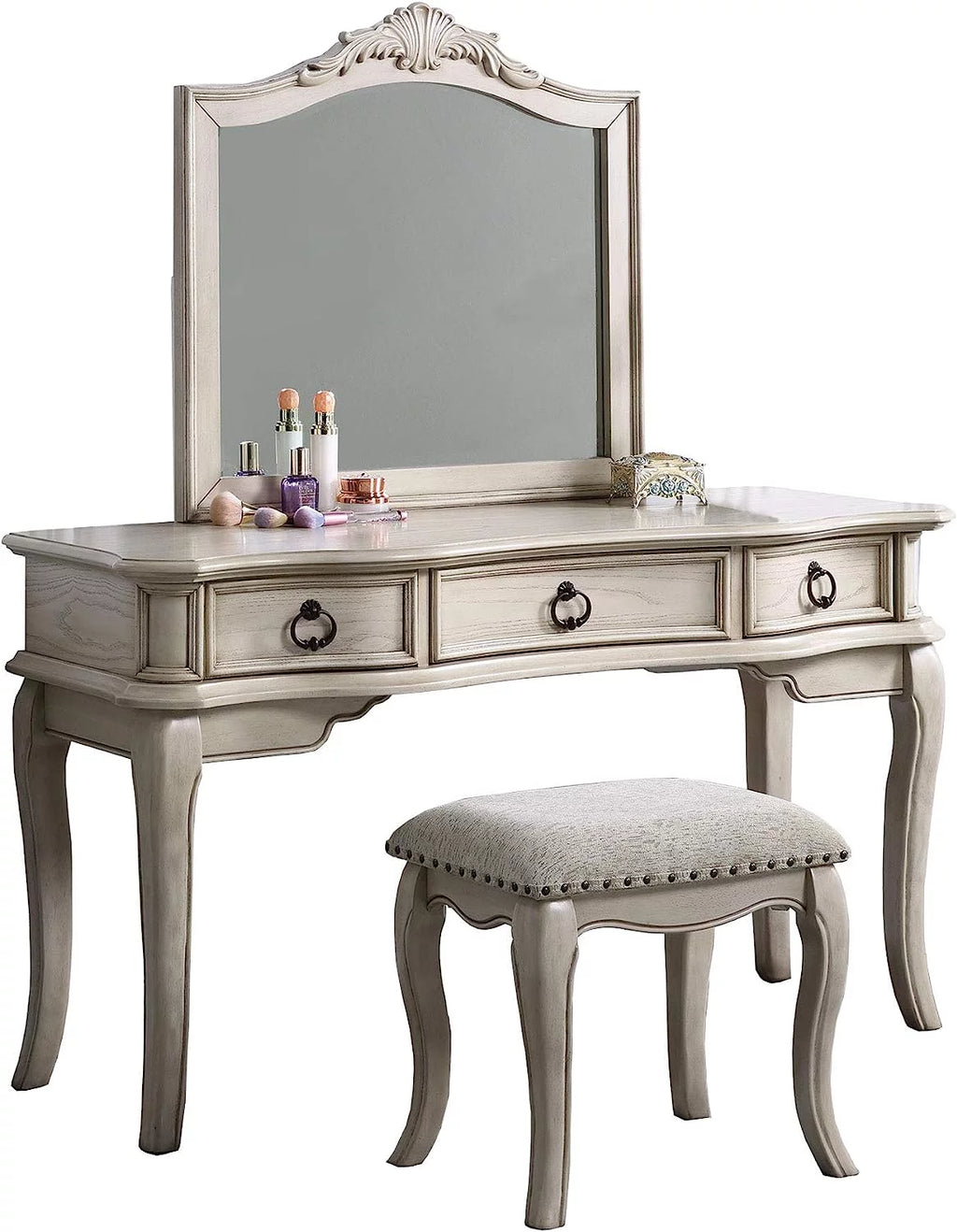 Antique White Vanity Set with Stool and Mirror H251