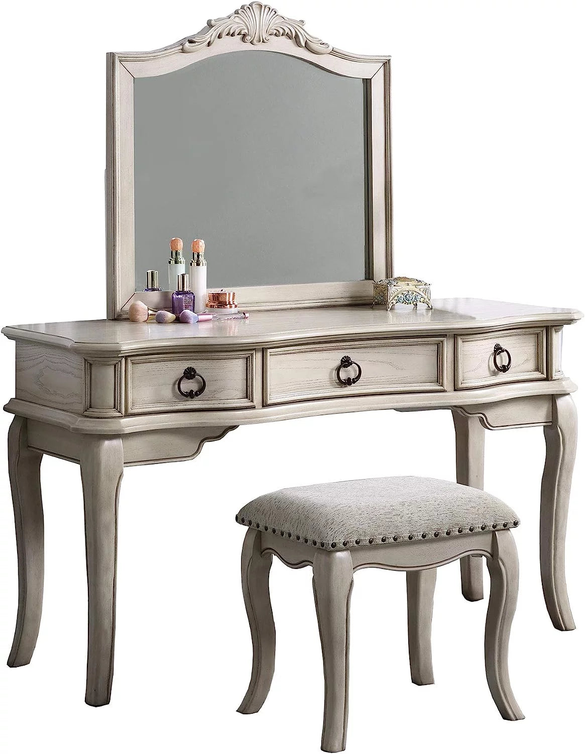 Antique White Vanity Set with Stool and Mirror H251