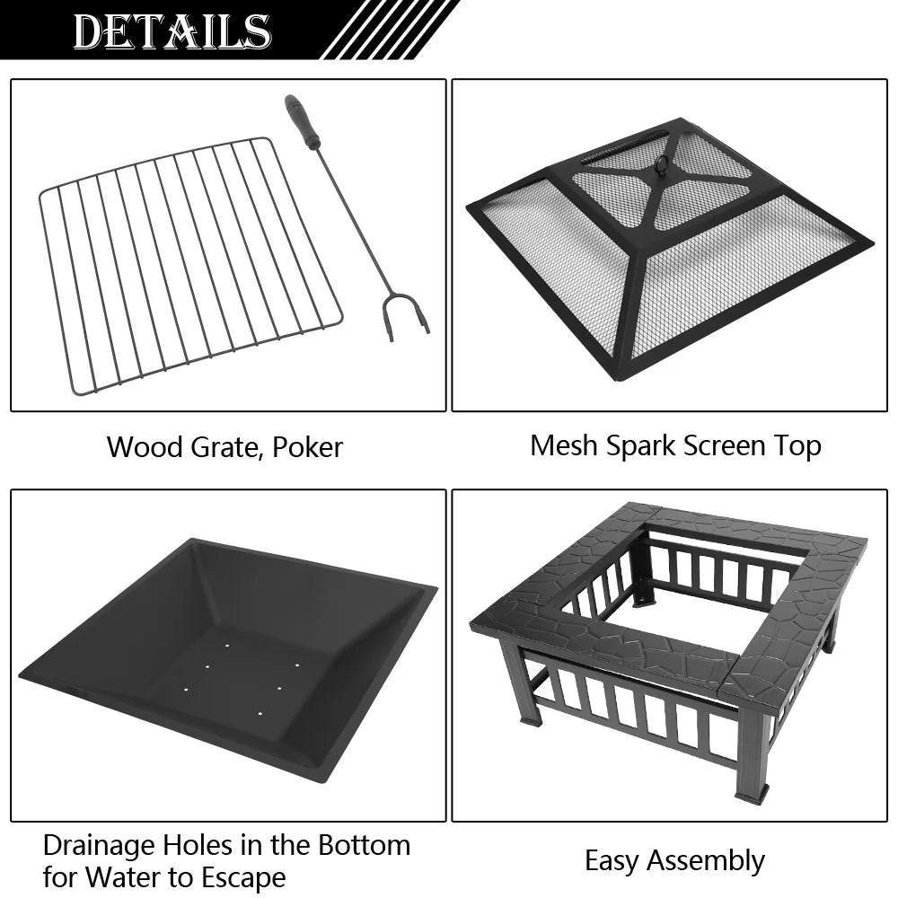32" Outdoor Metal Square Fire Pit F652