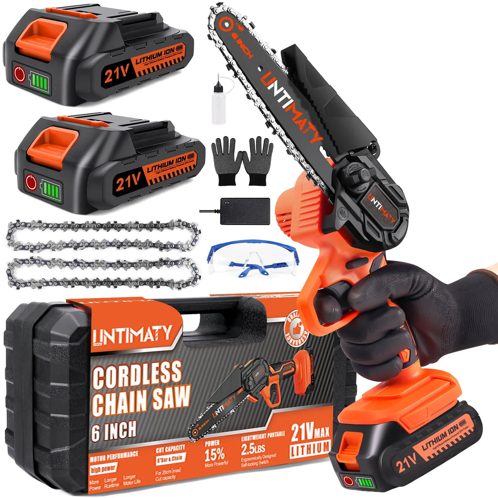 6 Inch Cordless Mini Chainsaw with 2 Batteries 2 Chains T30273