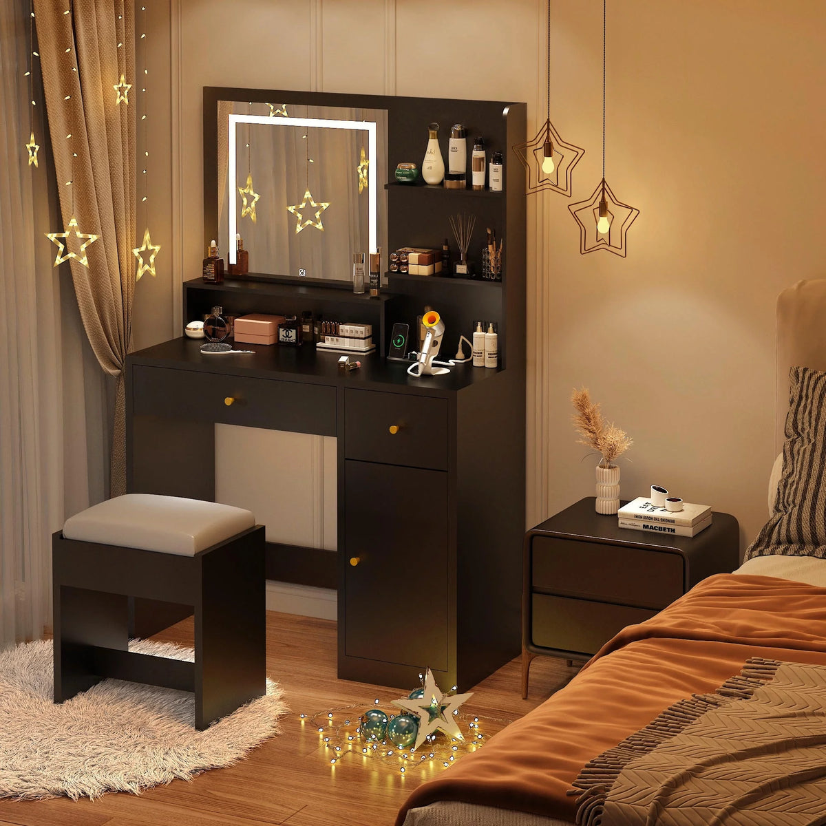Black Vanity Desk Set with LED Light Mirror and Stool Z899965