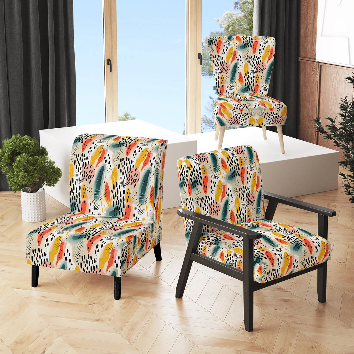 Upholstered Tropical Accent Chair and Floral Arm Chair J69092