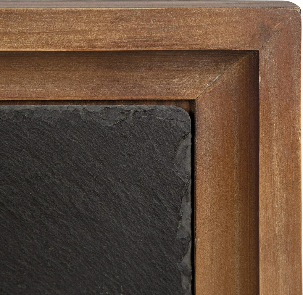 Rustic Brown Wood and Slate Side Accent Table with Black Iron Metal Base L9400