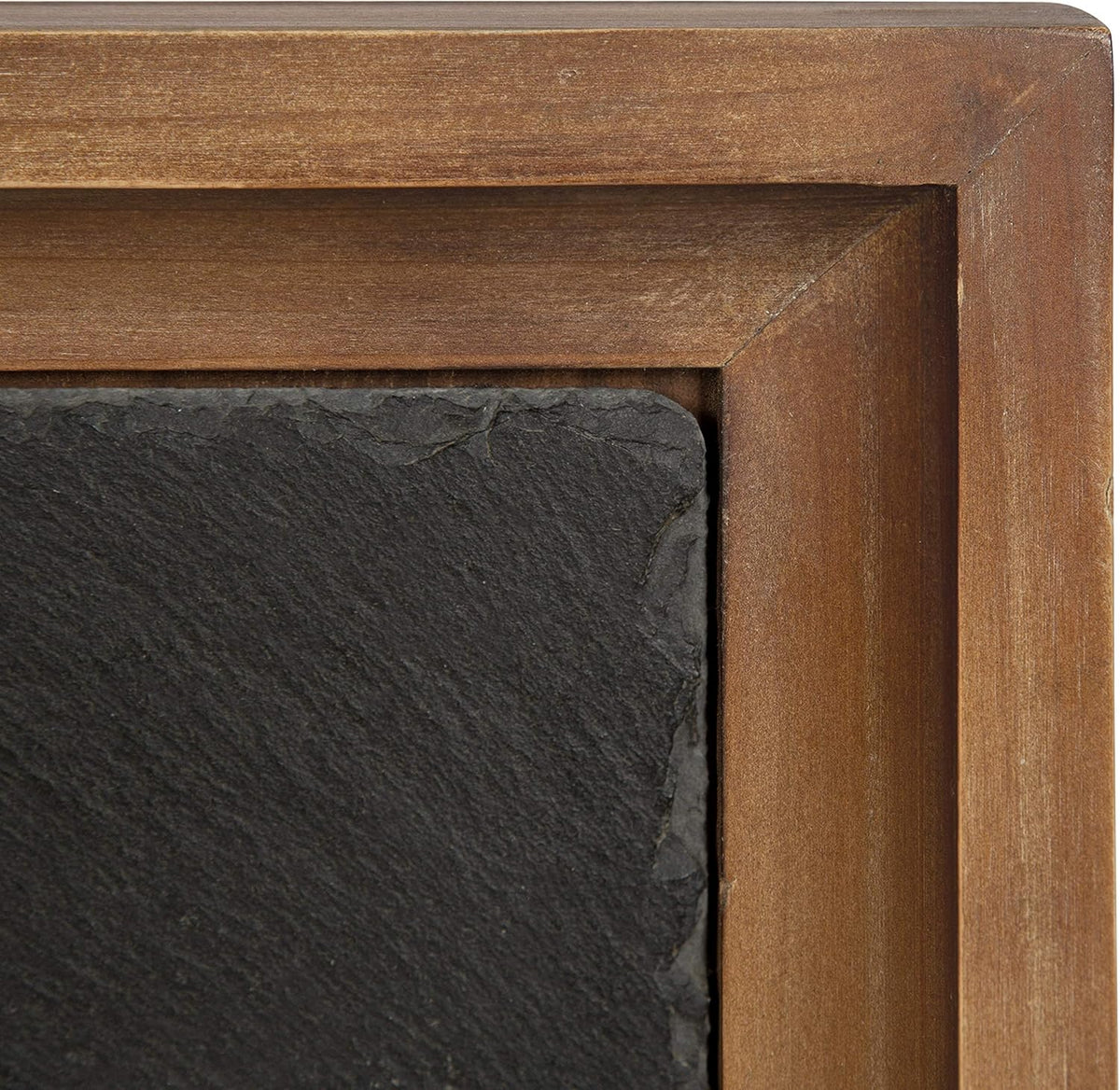 Rustic Brown Wood and Slate Side Accent Table with Black Iron Metal Base L9400