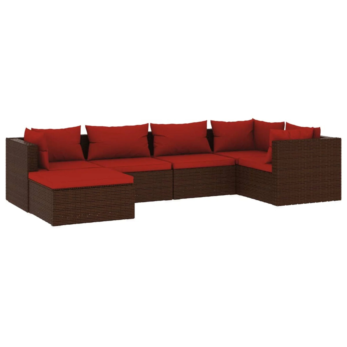 6 Piece Poly Rattan Brown Outdoor Sectional Sofa Set with Red Cushions F892