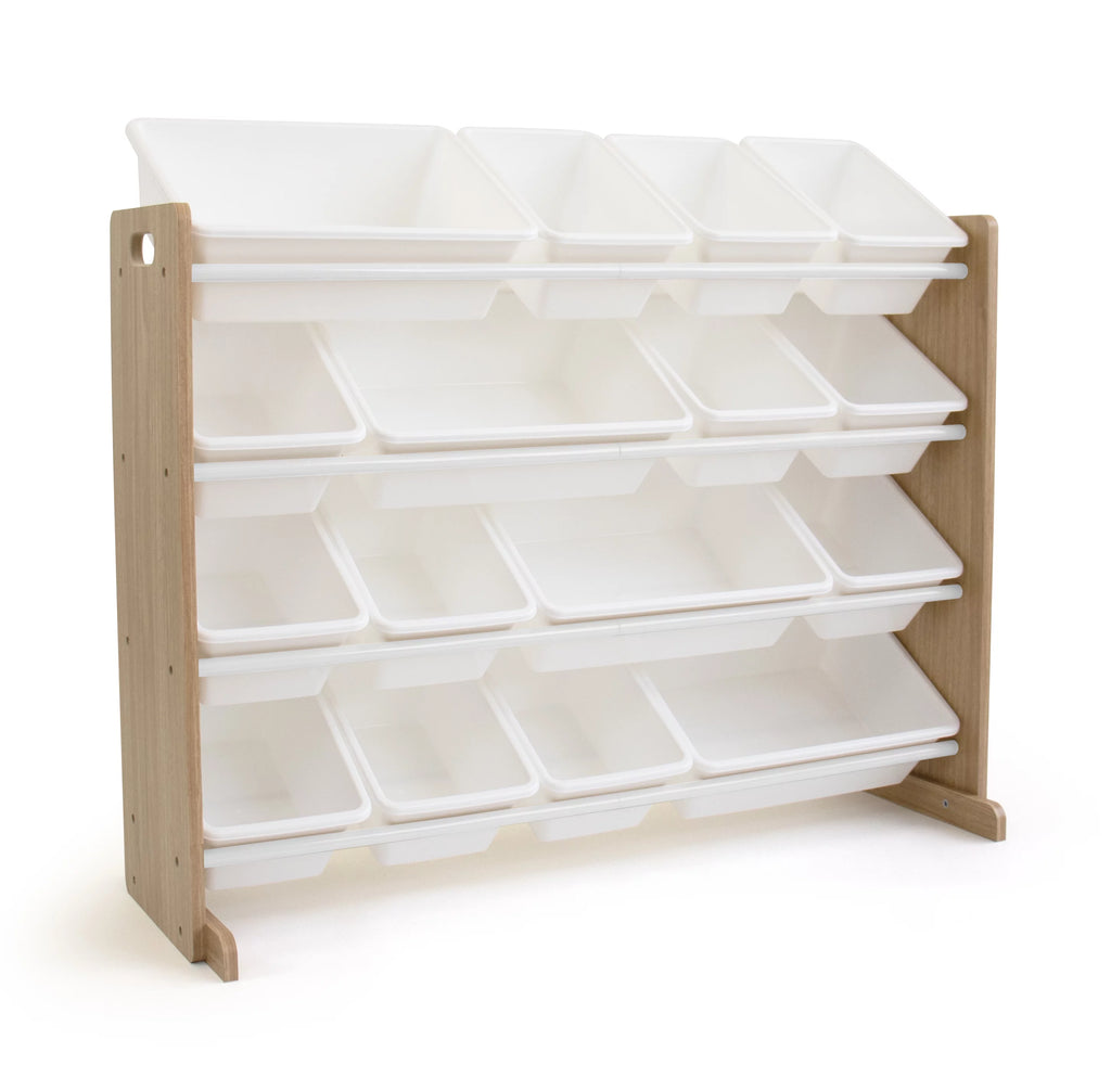 Kids Wood Toy Storage Organizer with 16 White Plastic Bins V394