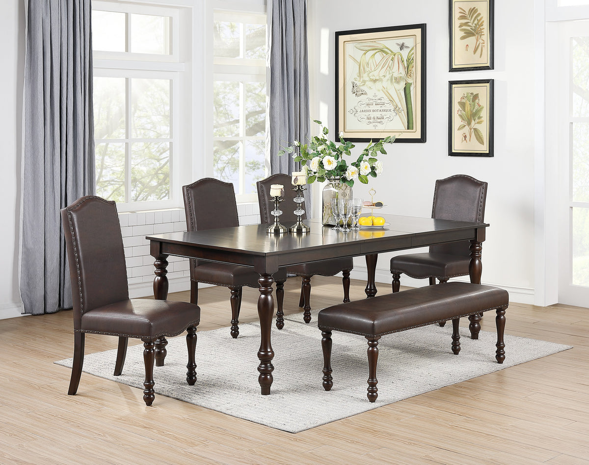 Cherry Finish Faux Leather 1X Bench Rubber Wood Foam Cushion Carved Legs W544