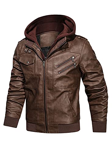 Stand Collar Faux Leather Zip-Up Bomber Jacket with Removable Hood P8827