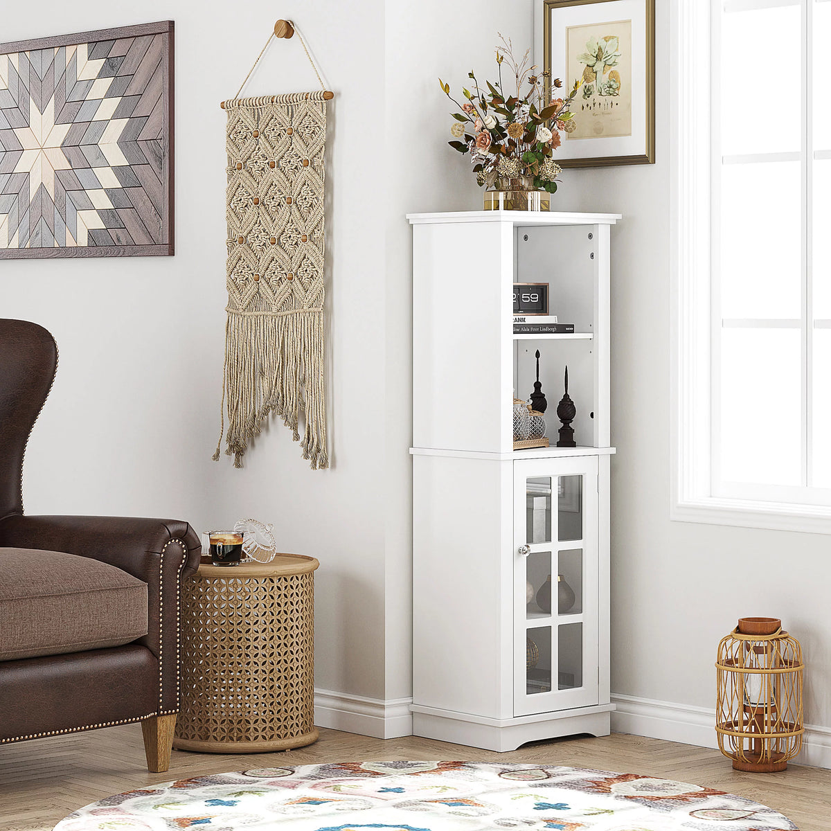 White Tall Narrow Storage Cabinet with Glass Doors E6706