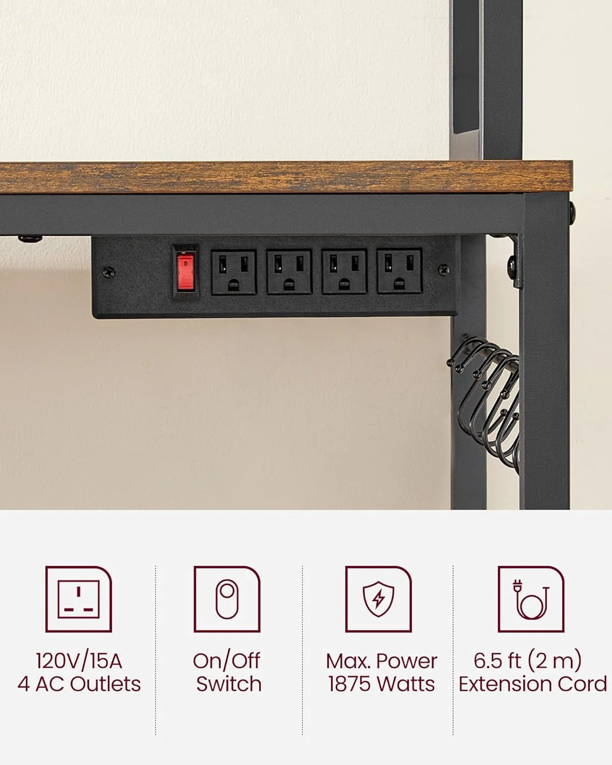 Rustic Brown and Black Kitchen Storage Shelf with Power Outlet B278