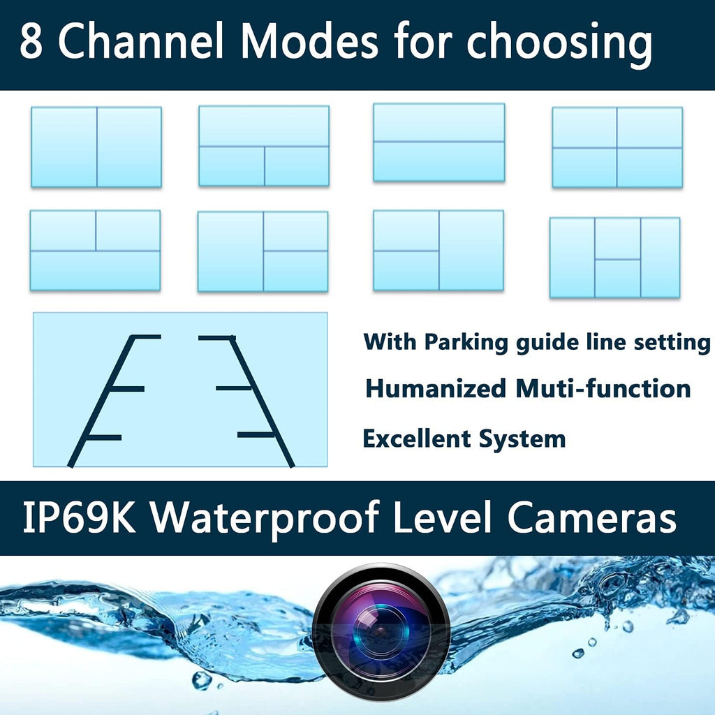 10.1 inch 1080P Backup Camera Monitor with 128GB DVR Waterproof 4 Split Screen L114