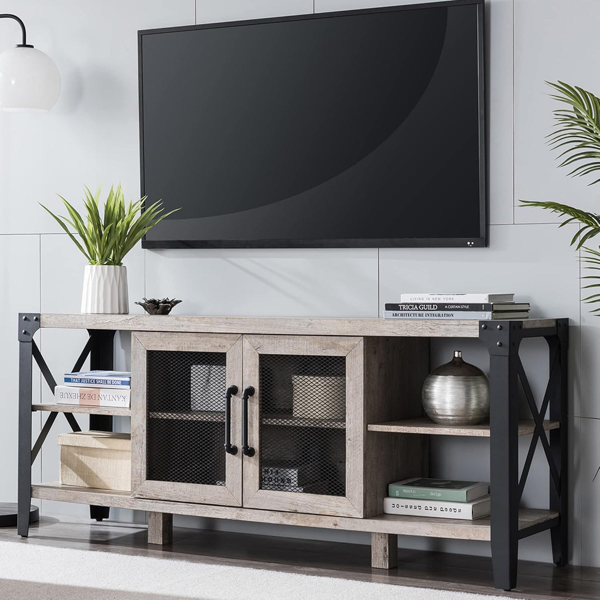 TV Stand Entertainment Center Media Console Cabinet Tall Wood Brown with Metal Side X-Frame W6802