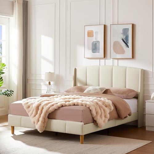 White Queen Size Lift-Up Storage Upholstered Platform Bed with Wingback Headboard V954