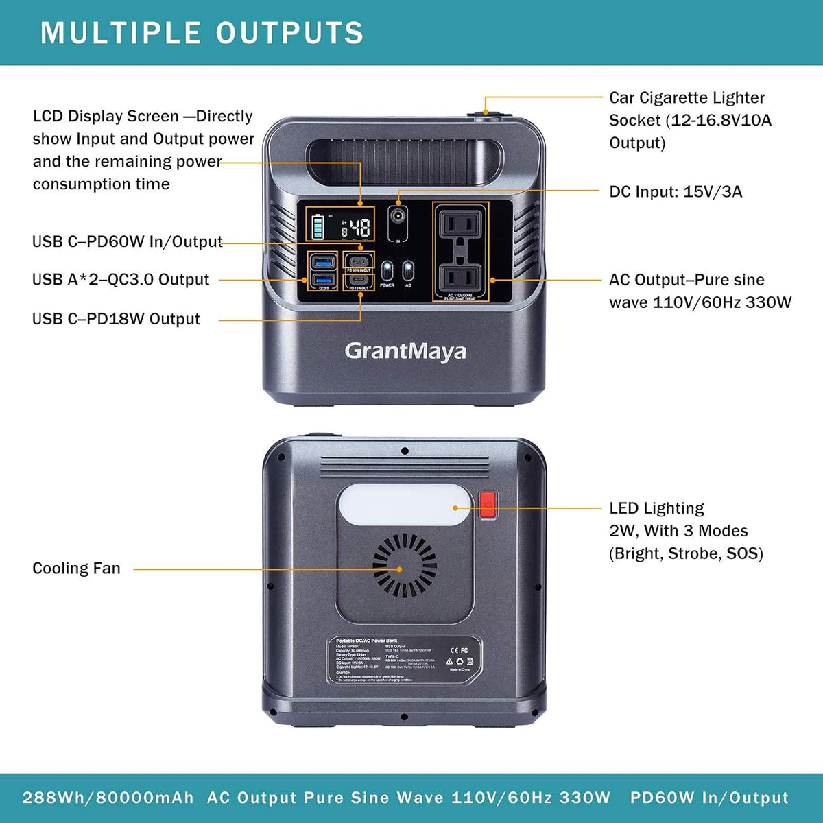 330W 288Wh 80000mAh Portable Power Station with 110V AC Outlet V832001