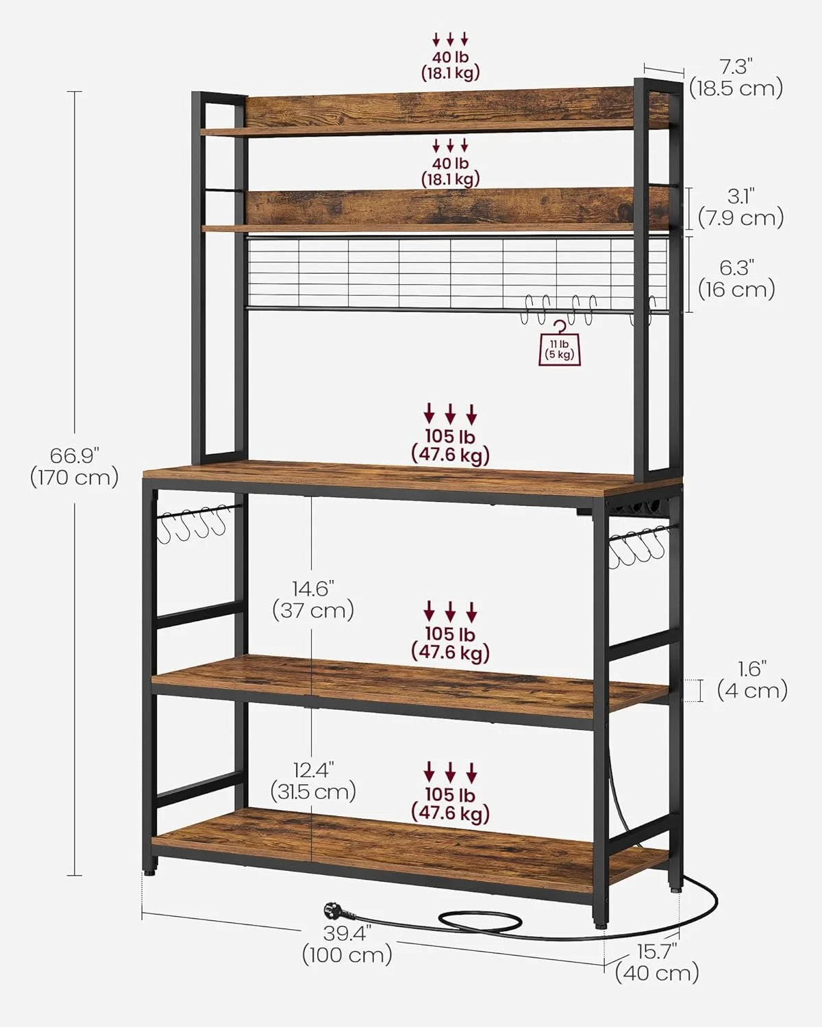 Rustic Brown and Black Kitchen Storage Shelf with Power Outlet B278