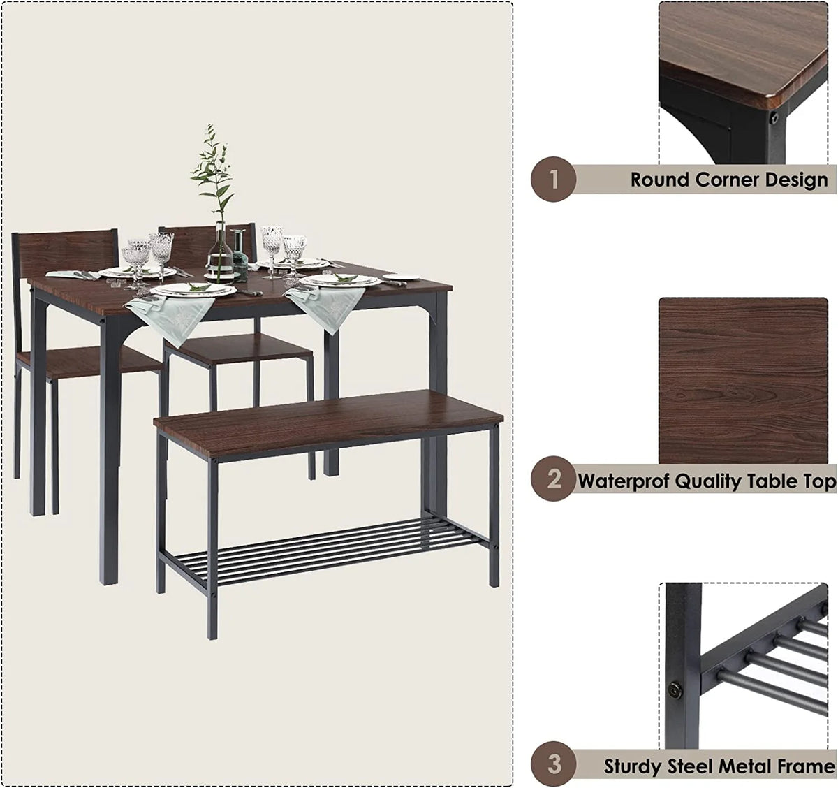 4 Person Dining Table Set with 2 Chairs and 1 Bench T10988