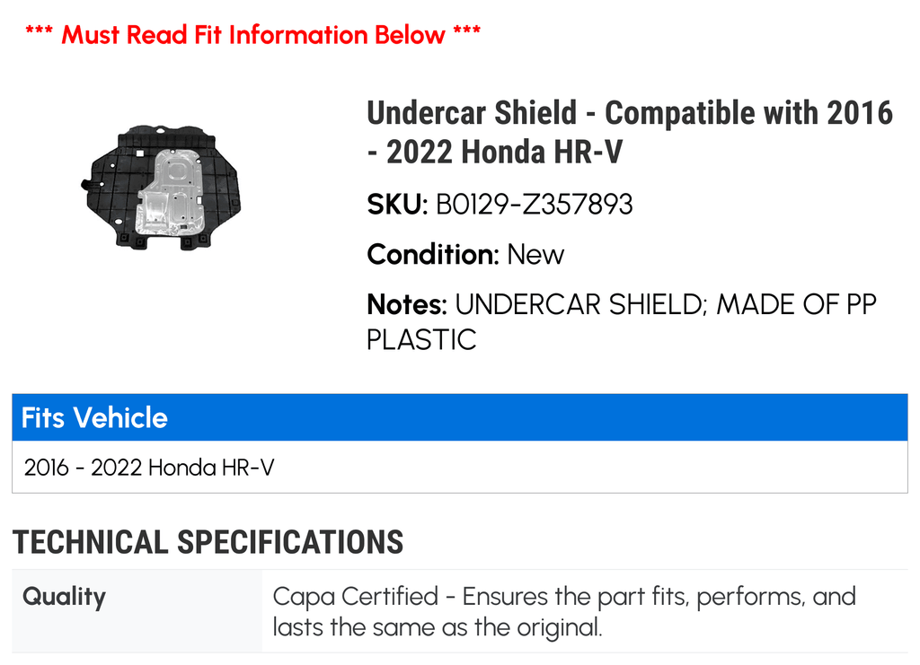 Undercar Shield for Honda HR-V I15583