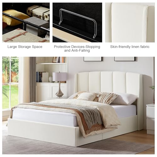 White Queen Size Lift-Up Storage Upholstered Platform Bed with Wingback Headboard V954