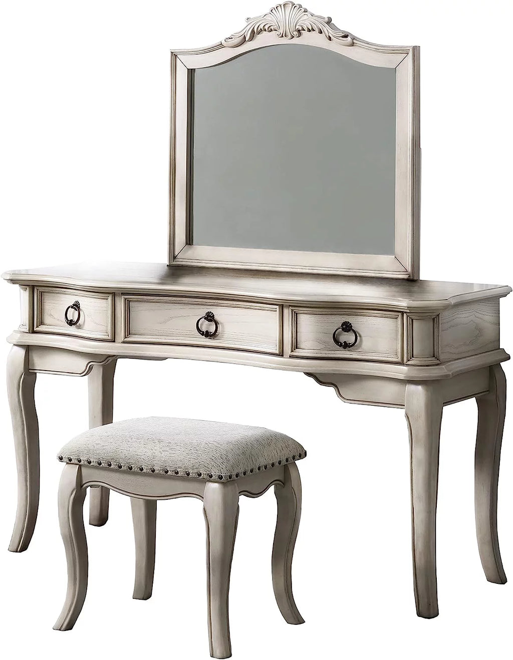 Antique White Vanity Set with Stool and Mirror H251