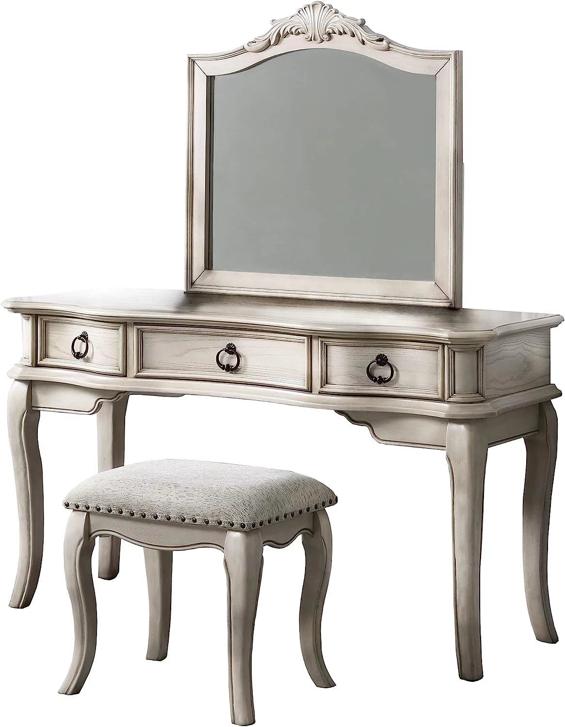 Antique White Vanity Set with Stool and Mirror H251