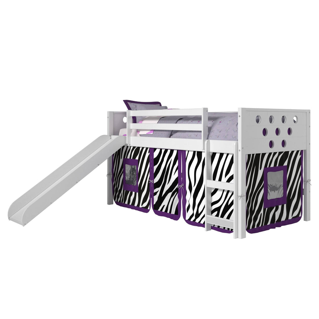 White Twin Circles Low Loft Bed with Slide and Camo Tent Kit T870