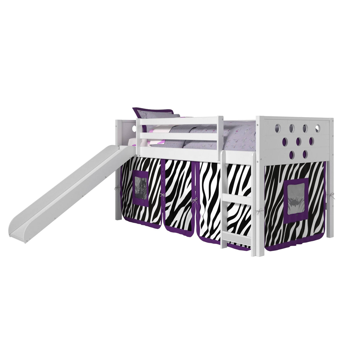 White Twin Circles Low Loft Bed with Slide and Camo Tent Kit T870