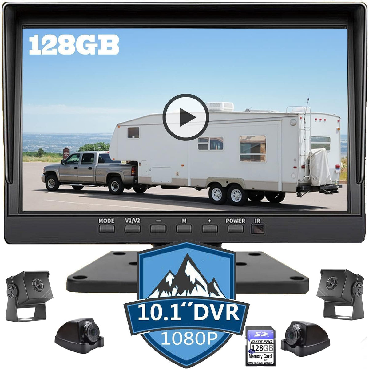 10.1 inch 1080P Backup Camera Monitor with 128GB DVR Waterproof 4 Split Screen L114