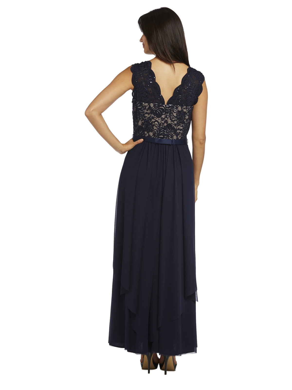Navy/Taupe Sequin Lace Embroidered A-line Dress N3072