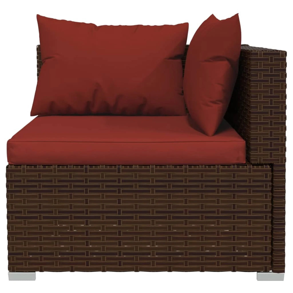 6 Piece Poly Rattan Brown Outdoor Sectional Sofa Set with Red Cushions F892