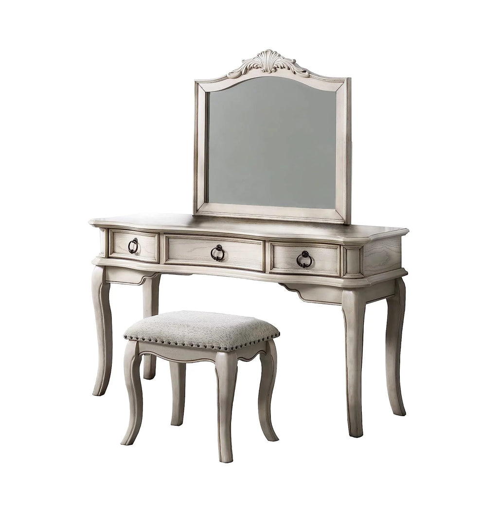 Antique White Vanity Set with Stool and Mirror H251
