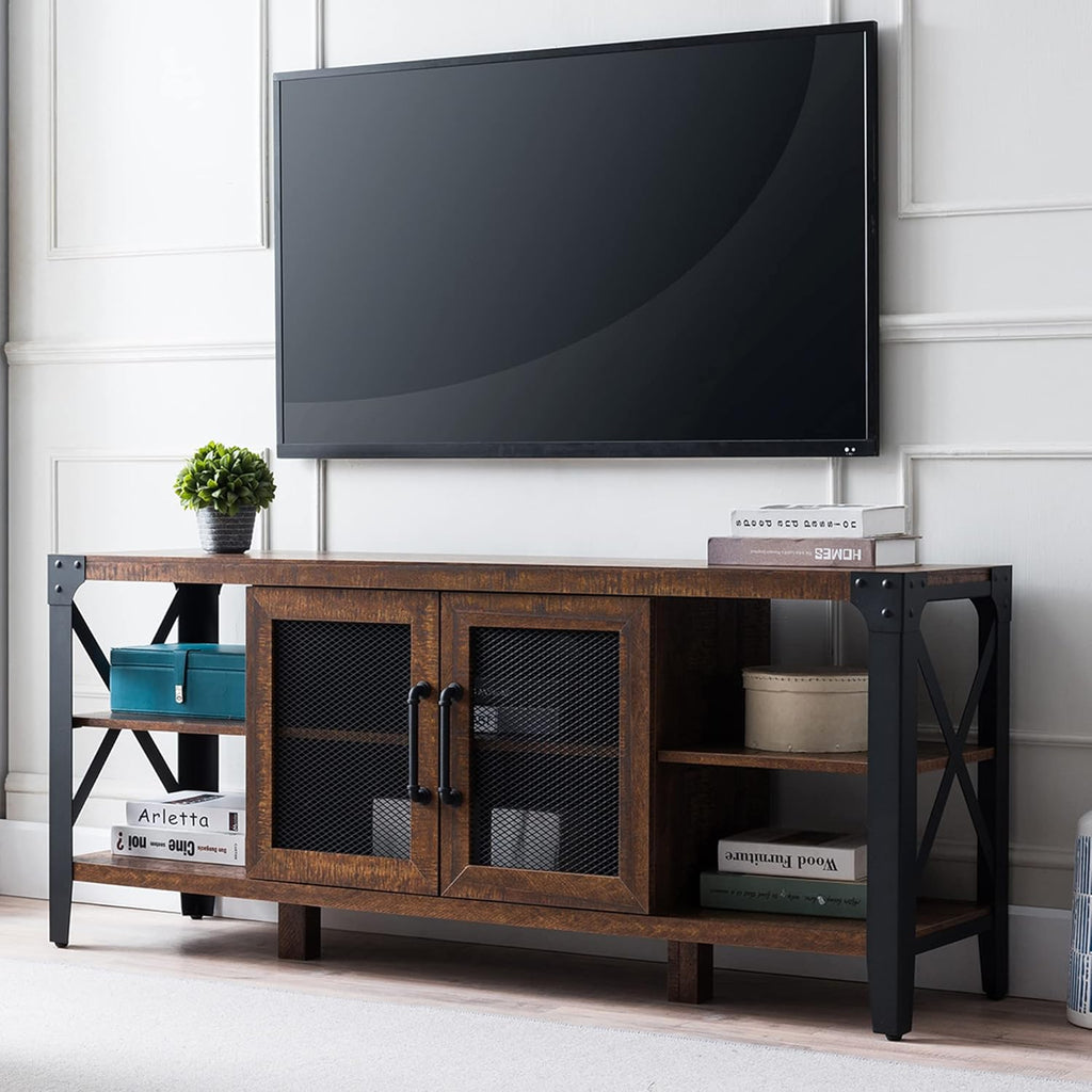 TV Stand Entertainment Center Media Console Cabinet Tall Wood Brown with Metal Side X-Frame W6802