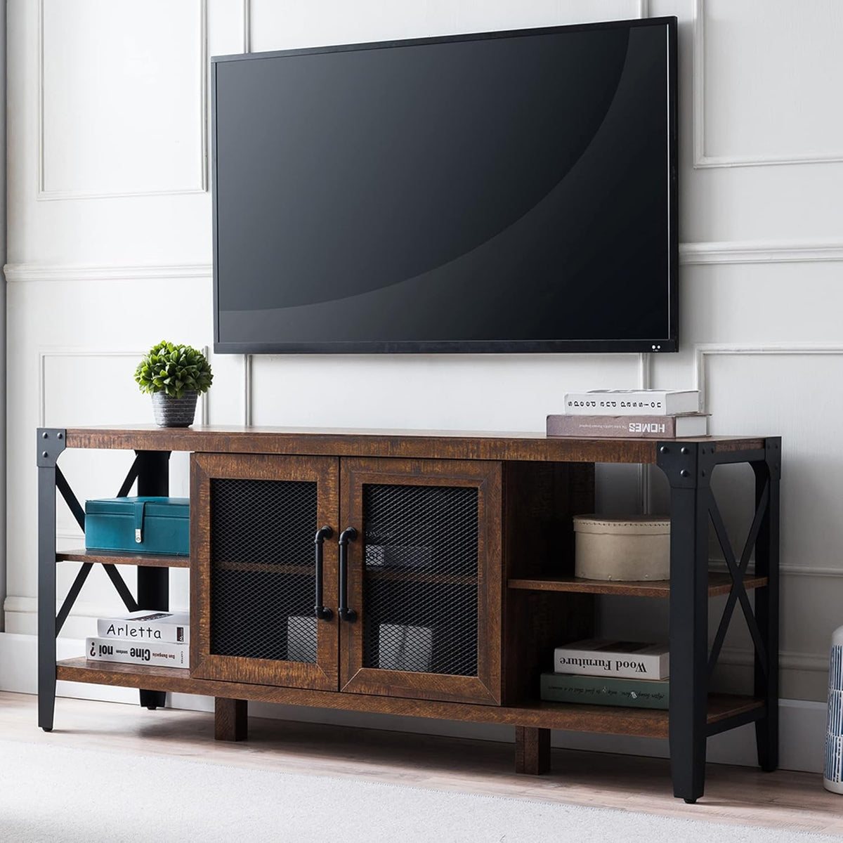 TV Stand Entertainment Center Media Console Cabinet Tall Wood Brown with Metal Side X-Frame W6802