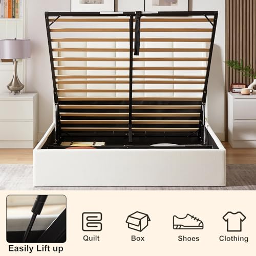 White Queen Size Lift-Up Storage Upholstered Platform Bed with Wingback Headboard V954